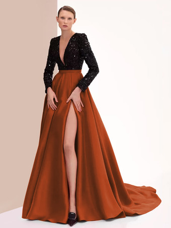 アンバーイブニングドレス ボールガウン Vネック トレーン付き 長袖 ジッパー スリットフロント サテン生地 フォーマルパーティードレス