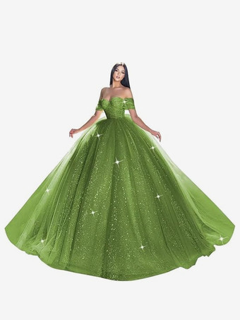 アーミーグリーンレース ウェディングドレス トレイン プリンセス シルエット 半袖 チュール ストラップレス ブライダルドレス