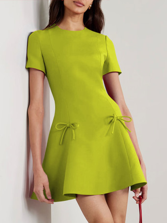 アボカドグリーンイブニングドレス A ライン ジュエルネック ショート 半袖 ジッパー リボン ストレッチ クレープ フォーマル パーティー ドレス 無料カスタマイズ