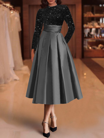 グレイイブニングドレス ボールガウン ジュエルネック サテン生地 ティーレングス スパンコール フォーマルパーティードレス