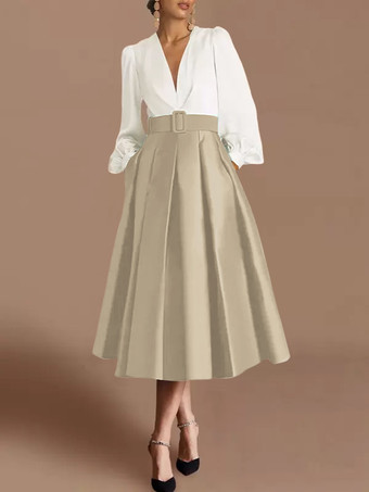 バニラクリームプロムドレス ボールガウン Vネック サテン生地 長袖 サッシュ ページェントドレス