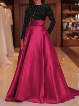 ローズレッドイブニングドレス ボールガウン ジュエルネック トレーン付き 長袖 ジッパー スパンコール ベロア 社交ページェントドレス