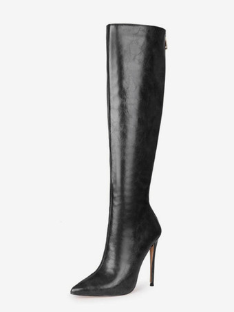 ブラック レディース ニーハイブーツ ネイビーブルー ポインテッドトゥ PUレザー スティレットヒールブーツ