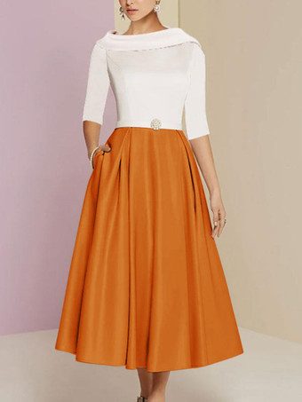 オレンジマザードレス バトーネック 7分袖 Aライン サッシュ アンクル丈 ウェディングゲストドレス 無料カスタマイズ
