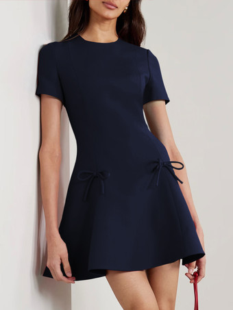 ダークネイビーイブニングドレス A ライン ジュエルネック ショート 半袖 ジッパー リボン ストレッチ クレープ フォーマル パーティー ドレス 無料カスタマイズ