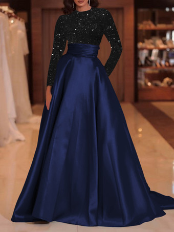 ダークネイビーイブニングドレス ボールガウン ジュエルネック トレーン付き 長袖 ジッパー スパンコール ベロア 社交ページェントドレス