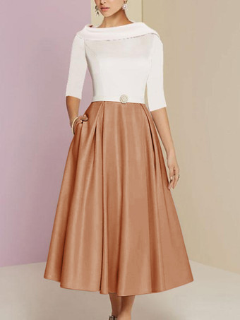 アンバーマザードレス バトーネック 7分袖 Aライン サッシュ アンクル丈 ウェディングゲストドレス 無料カスタマイズ