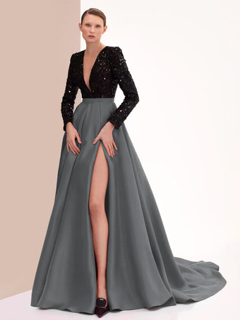 ダークグレー イブニングドレス ボールガウン Vネック トレーン付き 長袖 ジッパー スリットフロント サテン生地 フォーマルパーティードレス