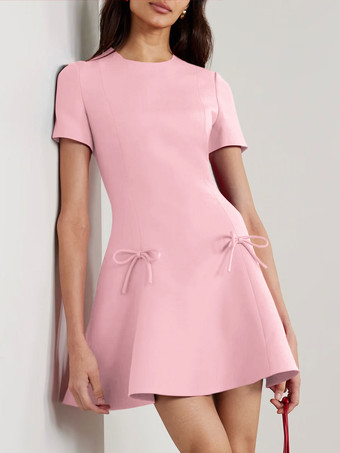 ピンクイブニングドレス A ライン ジュエルネック ショート 半袖 ジッパー リボン ストレッチ クレープ フォーマル パーティー ドレス 無料カスタマイズ