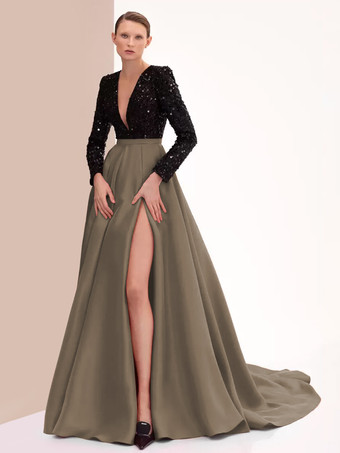 チョコレートイブニングドレス ボールガウン Vネック トレーン付き 長袖 ジッパー スリットフロント サテン生地 フォーマルパーティードレス