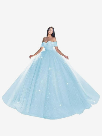 スカイブルー レース ウェディングドレス トレイン プリンセス シルエット 半袖 チュール ストラップレス ブライダルドレス