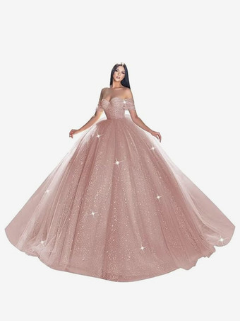 カメオピンクレース ウェディングドレス トレイン プリンセス シルエット 半袖 チュール ストラップレス ブライダルドレス