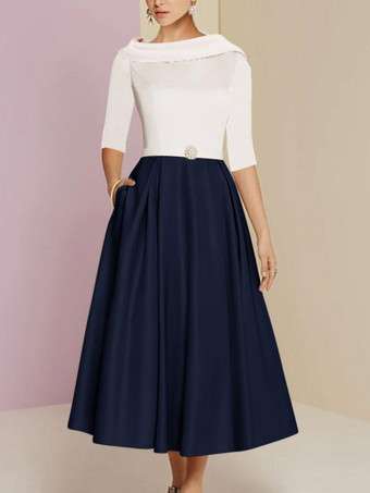 ダークネイビーマザードレス バトーネック 7分袖 Aライン サッシュ アンクル丈 ウェディングゲストドレス 無料カスタマイズ