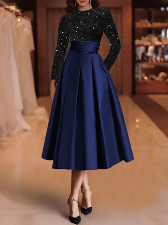 ダークネイビーイブニングドレス ボールガウン ジュエルネック サテン生地 ティーレングス スパンコール フォーマルパーティードレス