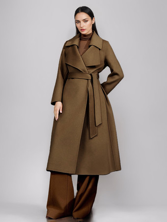 ブラウン レッドウールカシミアブレンドコート レディース バーガンディ ダブルブレスト ダブルフェイス 冬アウター 2025