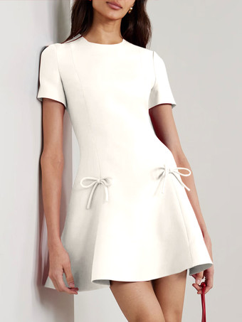 アイボリーイブニングドレス A ライン ジュエルネック ショート 半袖 ジッパー リボン ストレッチ クレープ フォーマル パーティー ドレス 無料カスタマイズ