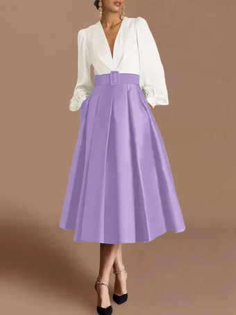 ライラックプロムドレス ボールガウン Vネック サテン生地 長袖 サッシュ ページェントドレス