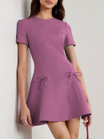 カメオピンクイブニングドレス A ライン ジュエルネック ショート 半袖 ジッパー リボン ストレッチ クレープ フォーマル パーティー ドレス 無料カスタマイズ