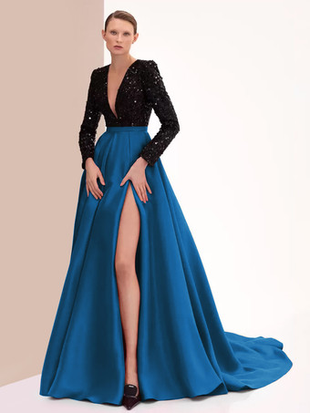 ブルーイブニングドレス ボールガウン Vネック トレーン付き 長袖 ジッパー スリットフロント サテン生地 フォーマルパーティードレス