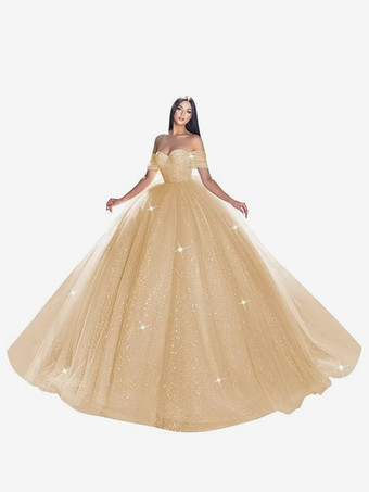 シャンパンレース ウェディングドレス トレイン プリンセス シルエット 半袖 チュール ストラップレス ブライダルドレス