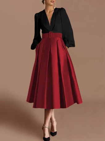 ブラックプロムドレス ボールガウン Vネック サテン生地 長袖 サッシュ ページェントドレス