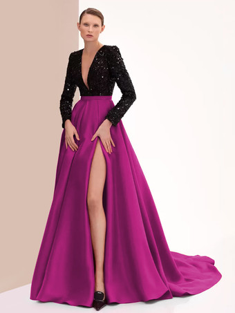 ローズレッドイブニングドレス ボールガウン Vネック トレーン付き 長袖 ジッパー スリットフロント サテン生地 フォーマルパーティードレス