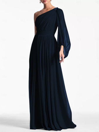 ダークネイビーイブニングドレス Aライン ワンショルダー フロアレングス ロングスリーブ バックレス プリーツ シフォン フォーマル パーティードレス