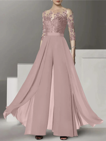 ダークピンクブライダルマザードレス ジュエルネック ハーフスリーブ ツーピース レース フロアレングス ウェディングゲストドレス