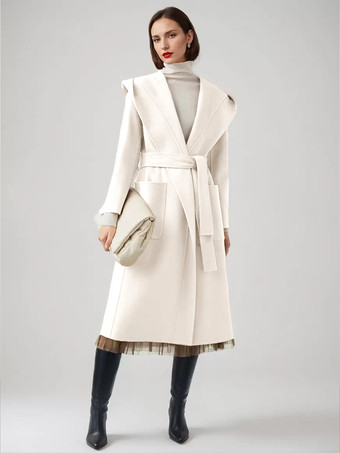 ホワイト ウール カシミア ブレンド ラップ コート フード付き ダブルフェイス キャメル ベルト付き 冬アウター レディース 2025