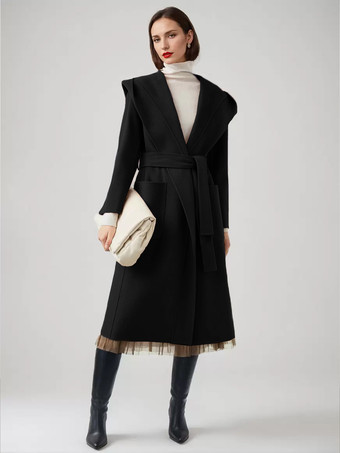 ブラック ウール カシミア ブレンド ラップ コート フード付き ダブルフェイス キャメル ベルト付き 冬アウター レディース 2025