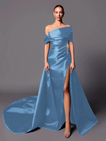 ベビーブルーイブニングドレス Aライン オフショルダー トレーン付き ノースリーブ レースアップ プリーツ サテン生地 社交ページェントドレス