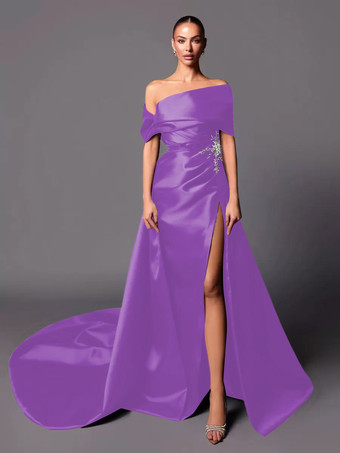 バイオレットイブニングドレス Aライン オフショルダー トレーン付き ノースリーブ レースアップ プリーツ サテン生地 社交ページェントドレス