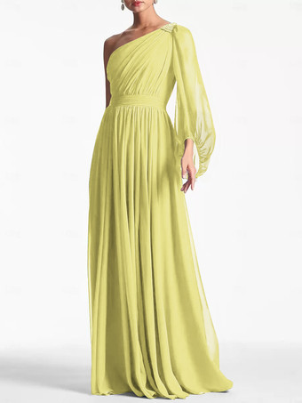 スイセン色イブニングドレス Aライン ワンショルダー フロアレングス ロングスリーブ バックレス プリーツ シフォン フォーマル パーティードレス