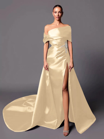 バニラクリームイブニングドレス Aライン オフショルダー トレーン付き ノースリーブ レースアップ プリーツ サテン生地 社交ページェントドレス