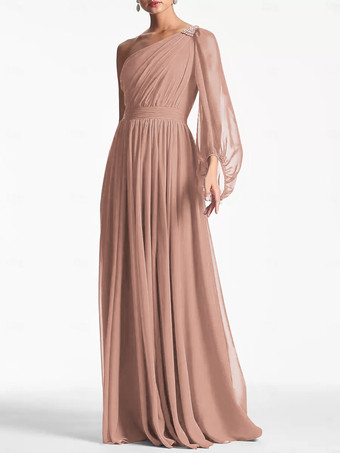 ダークピンクイブニングドレス Aライン ワンショルダー フロアレングス ロングスリーブ バックレス プリーツ シフォン フォーマル パーティードレス