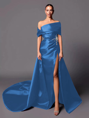 シアンイブニングドレス Aライン オフショルダー トレーン付き ノースリーブ レースアップ プリーツ サテン生地 社交ページェントドレス