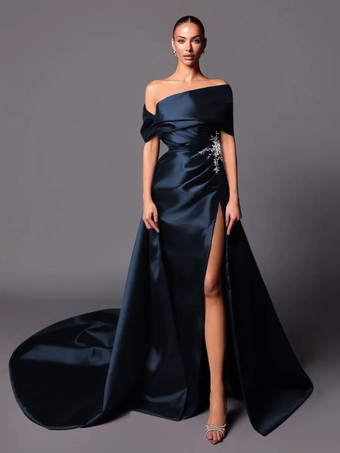 ダークネイビーイブニングドレス Aライン オフショルダー トレーン付き ノースリーブ レースアップ プリーツ サテン生地 社交ページェントドレス