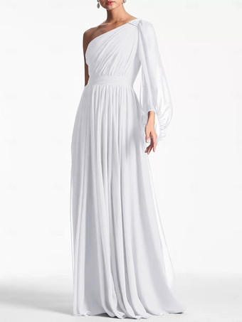 ホワイトイブニングドレス Aライン ワンショルダー フロアレングス ロングスリーブ バックレス プリーツ シフォン フォーマル パーティードレス