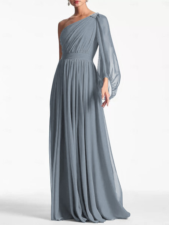 グレイイブニングドレス Aライン ワンショルダー フロアレングス ロングスリーブ バックレス プリーツ シフォン フォーマル パーティードレス