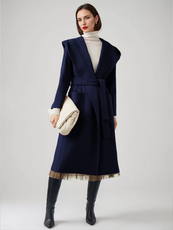 ダークネイビーウール カシミア ブレンド ラップ コート フード付き ダブルフェイス キャメル ベルト付き 冬アウター レディース 2025