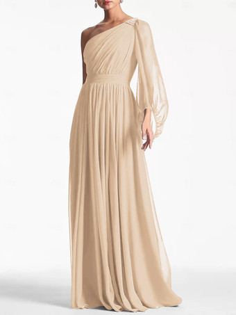 バニラクリームイブニングドレス Aライン ワンショルダー フロアレングス ロングスリーブ バックレス プリーツ シフォン フォーマル パーティードレス