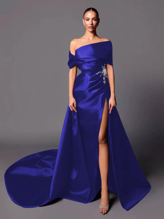 ラベンダーイブニングドレス Aライン オフショルダー トレーン付き ノースリーブ レースアップ プリーツ サテン生地 社交ページェントドレス