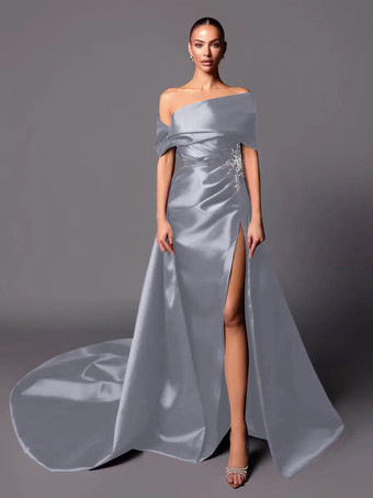 グレイイブニングドレス Aライン オフショルダー トレーン付き ノースリーブ レースアップ プリーツ サテン生地 社交ページェントドレス
