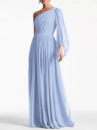 ベビーブルーイブニングドレス Aライン ワンショルダー フロアレングス ロングスリーブ バックレス プリーツ シフォン フォーマル パーティードレス