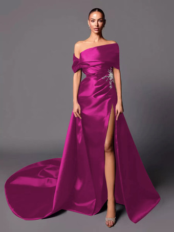 マゼンタイブニングドレス Aライン オフショルダー トレーン付き ノースリーブ レースアップ プリーツ サテン生地 社交ページェントドレス