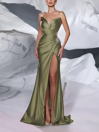 セージグリーンイブニングドレス マーメイド スウィートハートネック トレーン付き ノースリーブ ジッパー フロントスリット サテン生地 社交パーティードレス
