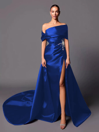 ロイヤルブルーイブニングドレス Aライン オフショルダー トレーン付き ノースリーブ レースアップ プリーツ サテン生地 社交ページェントドレス