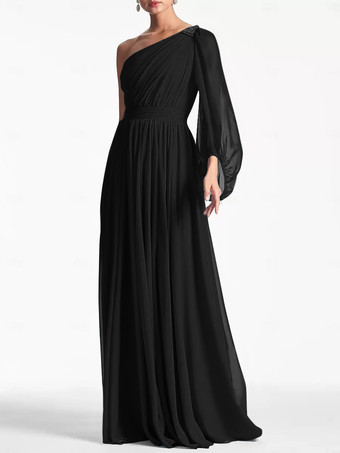 ブラックイブニングドレス Aライン ワンショルダー フロアレングス ロングスリーブ バックレス プリーツ シフォン フォーマル パーティードレス