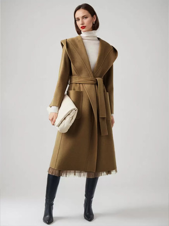 ブラウン ウール カシミア ブレンド ラップ コート フード付き ダブルフェイス キャメル ベルト付き 冬アウター レディース 2025