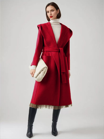 レッド ウール カシミア ブレンド ラップ コート フード付き ダブルフェイス キャメル ベルト付き 冬アウター レディース 2025